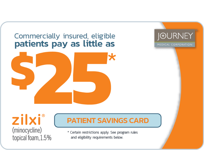 Image of the Zilxi co-pay card, which allows eligible patients to pay as little as $35